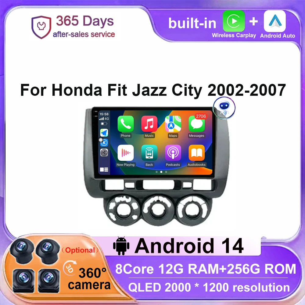 

Carplay Auto 360 Camera Android 14 For Honda Fit Jazz City 2002 - 2007 RHD Car Radio GPS Multimedia Video Player Navigation DSP
