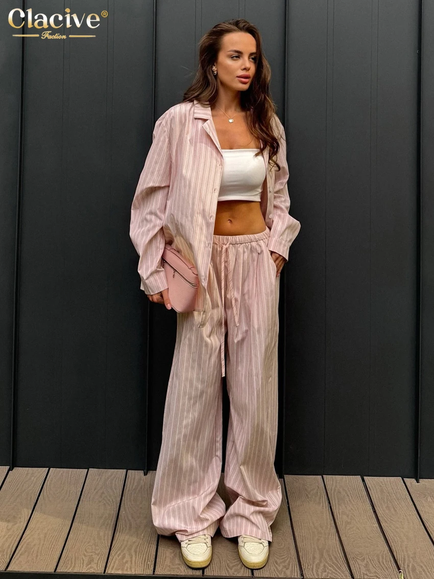 Clacive Fashion Loose Pink Stripe 2 Piece Set Women Elegant Long Sleeve Shirt With High Waist Wide Pants Set Female Streetwear