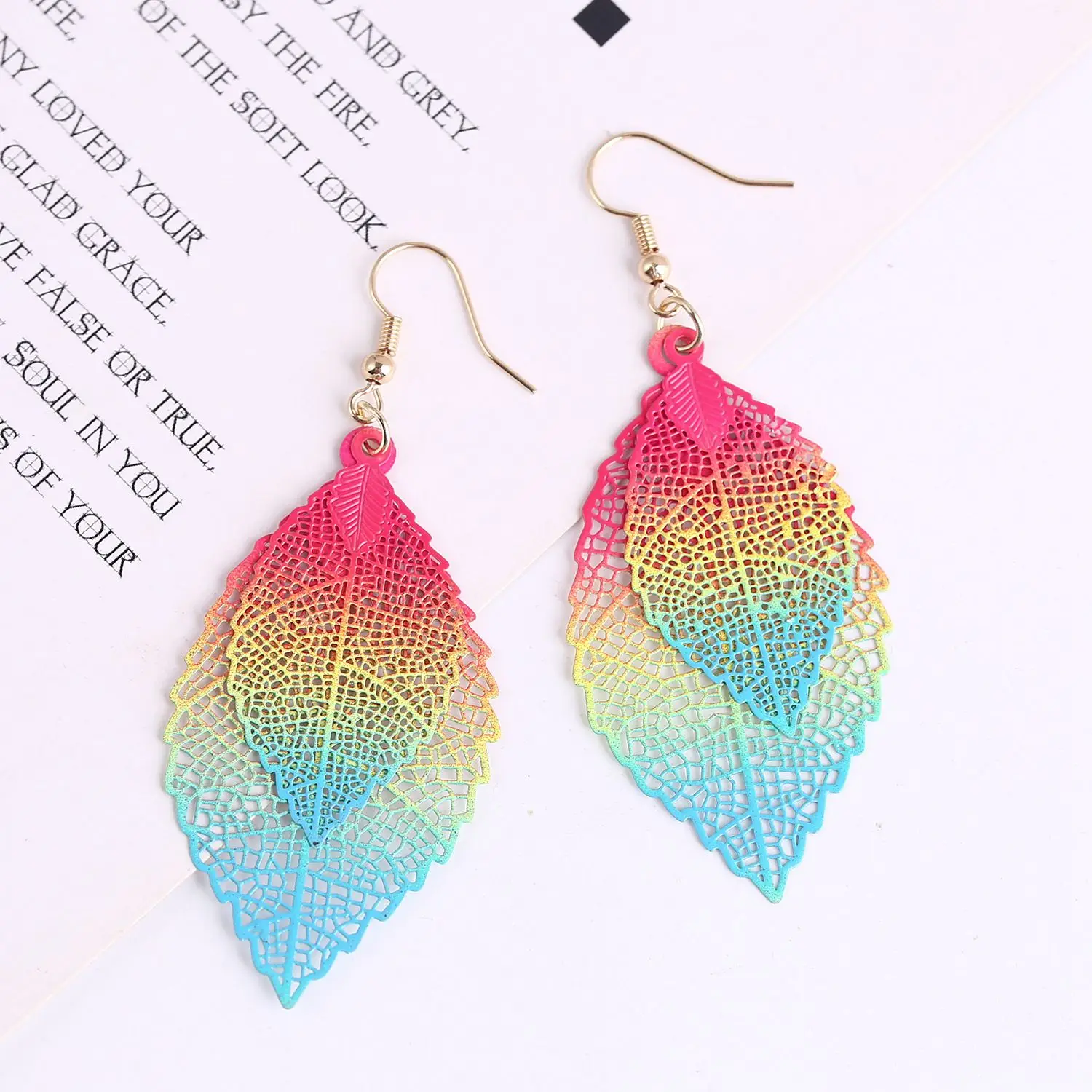 AGG-European and American Leaf Earrings Golden Simple Double-Layer Hollow Leaf Earrings Retro 4 Pairs