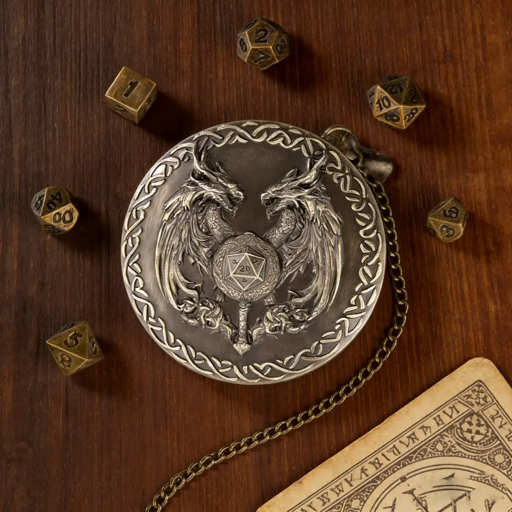 

DND Dice Set, 7pcs Mini Metal Dice with Case Big Eyes Watch Case with Chain Vintage Dices Pocket for Dungeons and Dragons, RPG