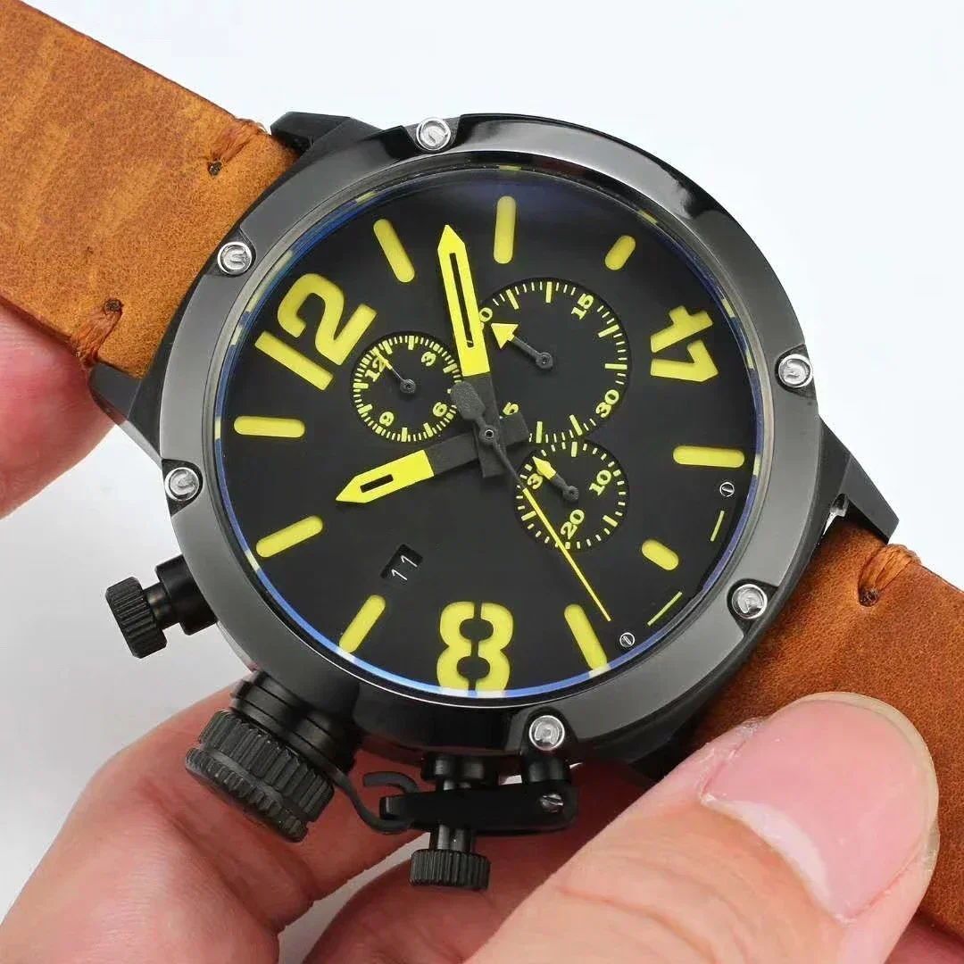 Luxury New Quartz Chronograph Mens Watch U U72 Chimera Brown Leather Orange Boat Reloj Hombre