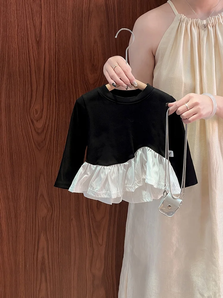 

Длинное платье-бэби-долл для девочек, весна-осень, новая корейская версия, с кружевной отделкой, модный наряд, лоскутное базовое платье