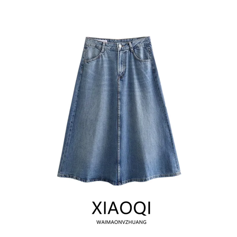 

High Waist Midi Denim Skirt Spring 2024 Women's Faion Versatile Slimming Design All-Match f-length Skirts