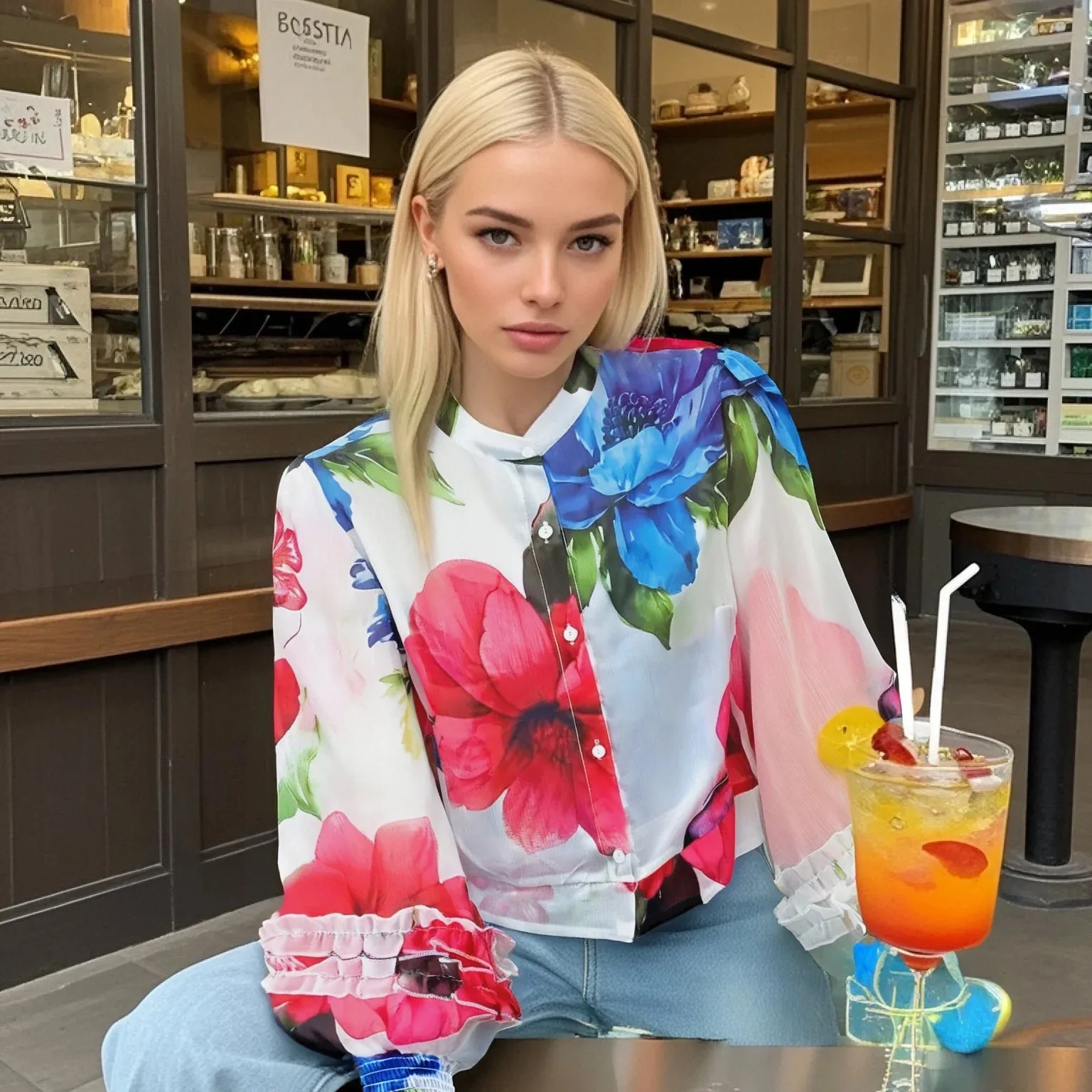 

Summer New Women's Fashion Retro Mushroom Edge Decoration Long Sleeve Printed Slimming Shirt