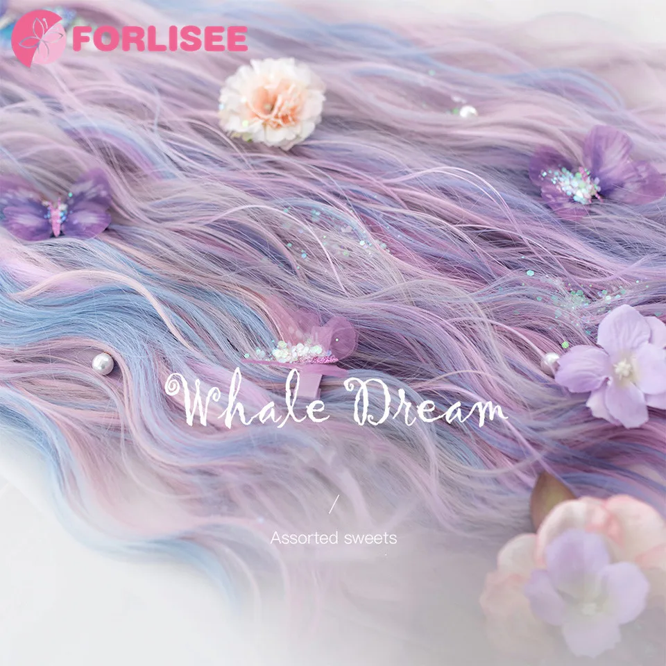 FOR Long Wavy Curly Synthetic Colorful Lolita Cosplay Harajuku Wigs for Women Natural Wave Pink Purple Blue Wigs with Bangs