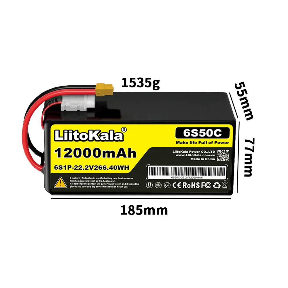 LiitoKala 6S 22.2V 12000mAh Drone Batteria ai polimeri di litio 50C Scarica adatta per modello di elicottero Batteria ad alta velocità