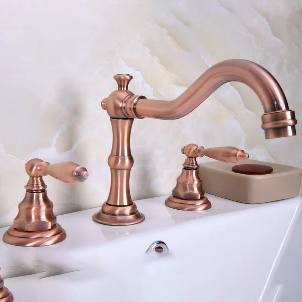 

Antique Red Copper 3 Holes Double Handle Bathroom Sink Faucet Luxury Bathbasin Bathtub Taps Hot Cold Mixer Water zrg058