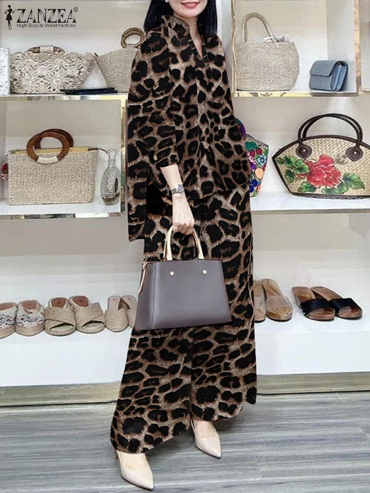 Tuta leopardata autunnale 2025 ZANZEA Set da 2 pezzi da donna alla moda Camicetta a maniche lunghe con risvolto vintage Set di pantaloni a gamba larga Abiti da lavoro