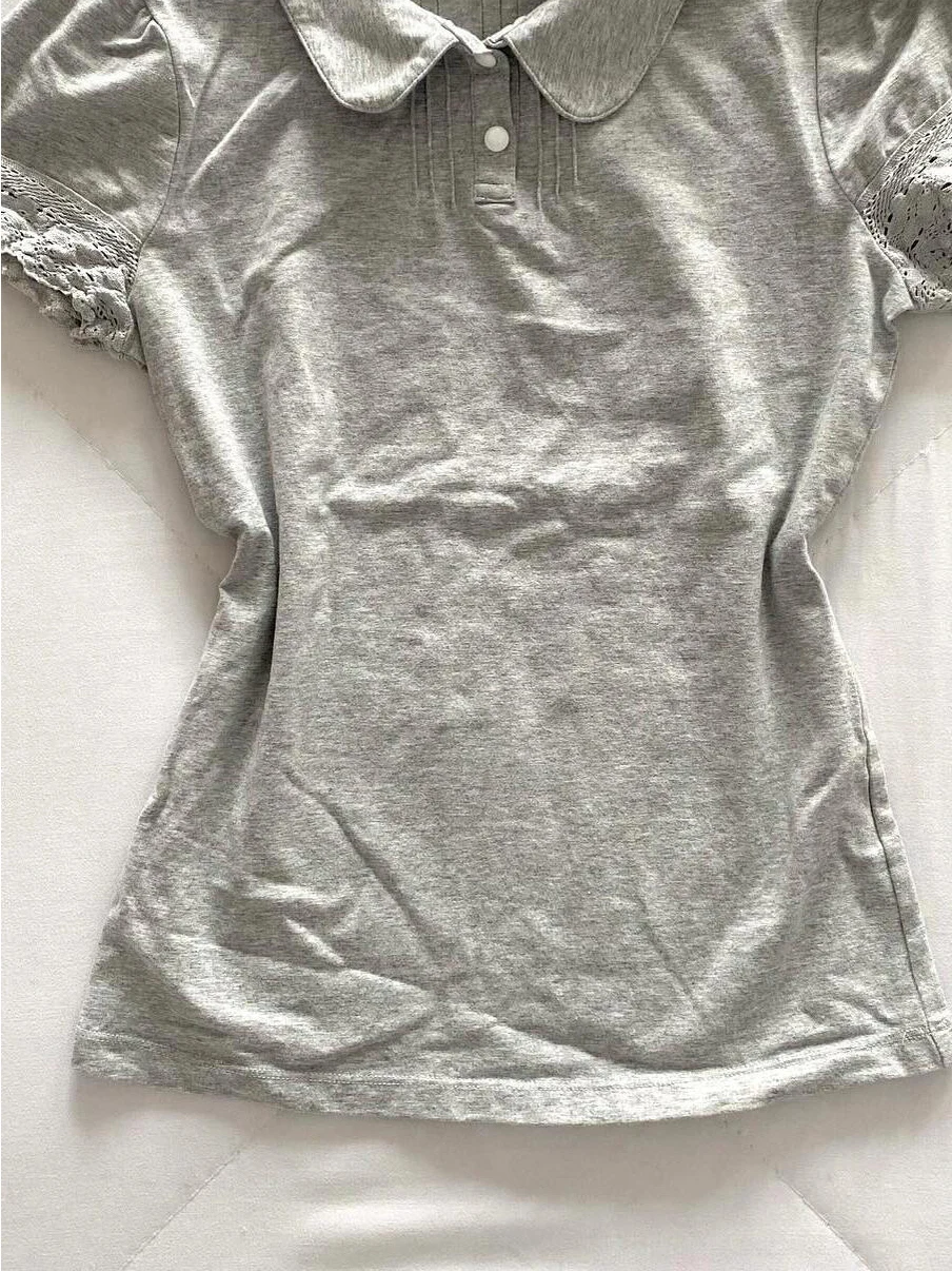 BaoYao فتاة الأصلي الرجعية ey irt ort Sve تي شيرت المرأة الصيف الدانتيل الربط تصميم فريد من نوعه الكورية Sle القطن