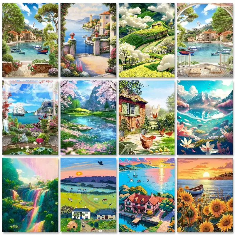 GATYZTORY Painting By Numbers On Canvas Harbour Landscape For Adults Kits Diy Paint With Numbers River Flowers Handmade Diy Gift