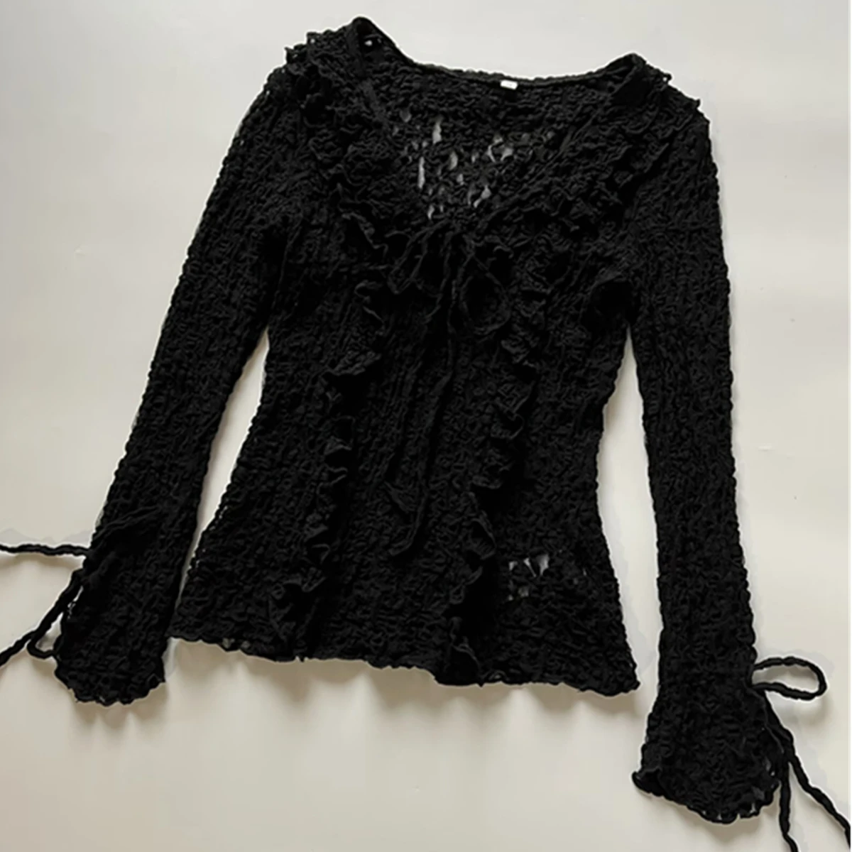 

Maxdutti Minimalist Women's Clothing Long Sleeved Solid Color Layered Lace Blouse Women French Elegant V-neck Lace Shirt Tops