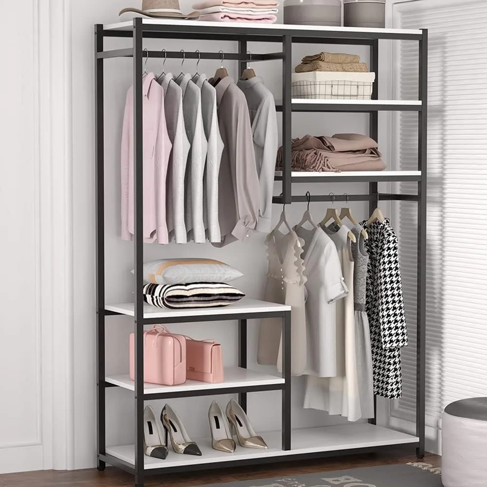 Free-standing Closet Organzier, Double Hanging Rod Clothes Garment Racks with Storage Shelvels, Heavy Duty Metal Closet