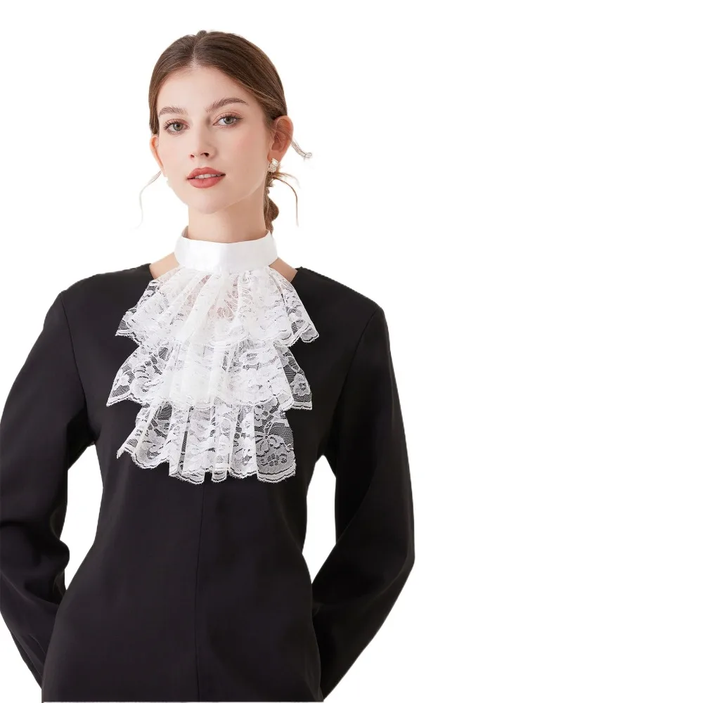 Vintage Victorian Lace Jabot Collar Detachable Solid Color Fake Collar Ruffled Neck Collar Stage Performance Costume Accessory