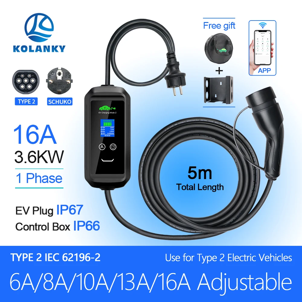 KOLANKY EV Charger 16A 3.6KW Type 2 Portable Charging Wallbox Tuya APP Control Timer Electric Vehicle Hrbrid PHEV Cable 5M