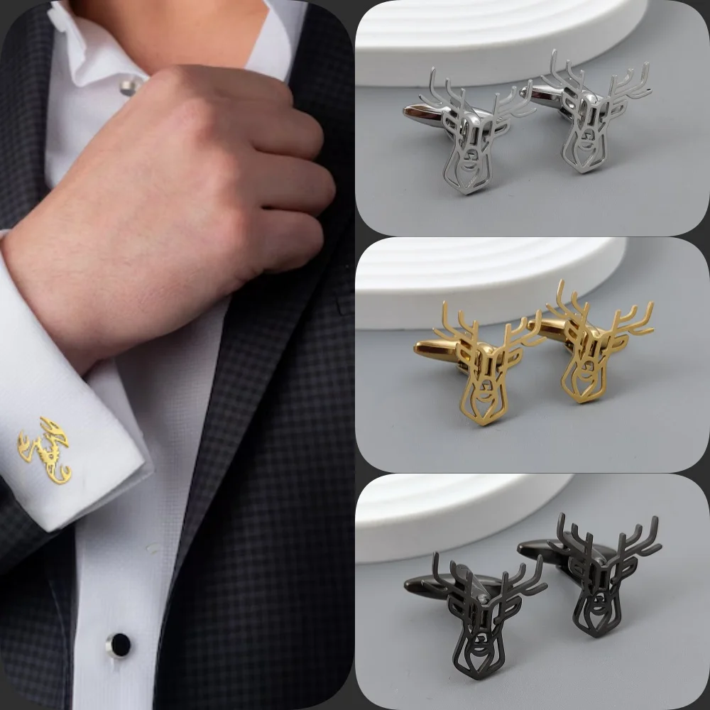 Sika deer head hollow cufflinks, gold-plated silver black cuff accessories, shirt button accessories, men\'s suit wear