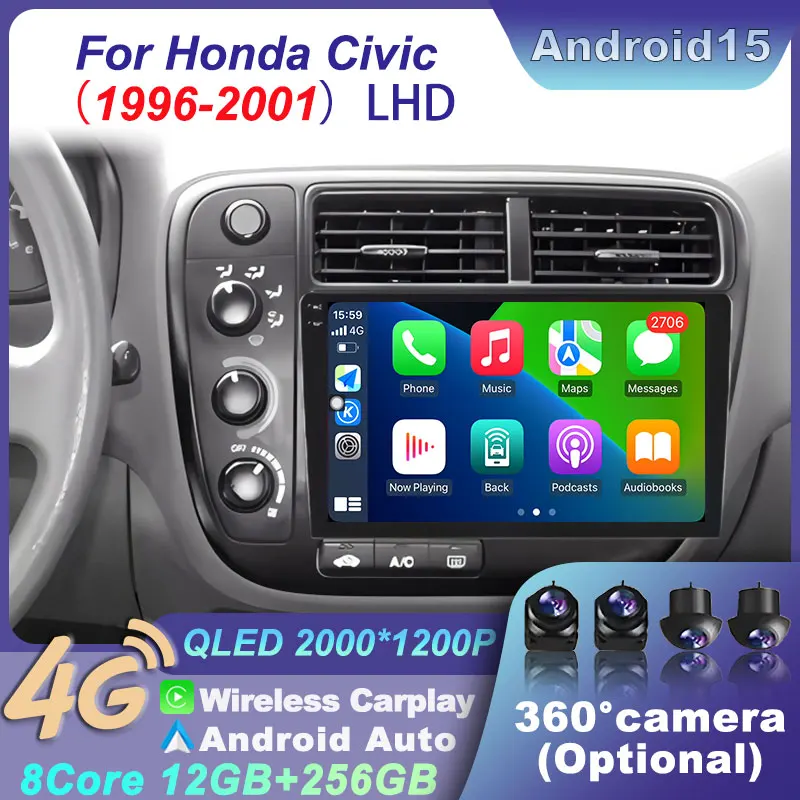 

Auto 9 inch Navigation Stereo Radio Wireless Head Unit GPS Multimedia BT For Honda Civic 1996-2001 LHD Carplay Android 15 Player