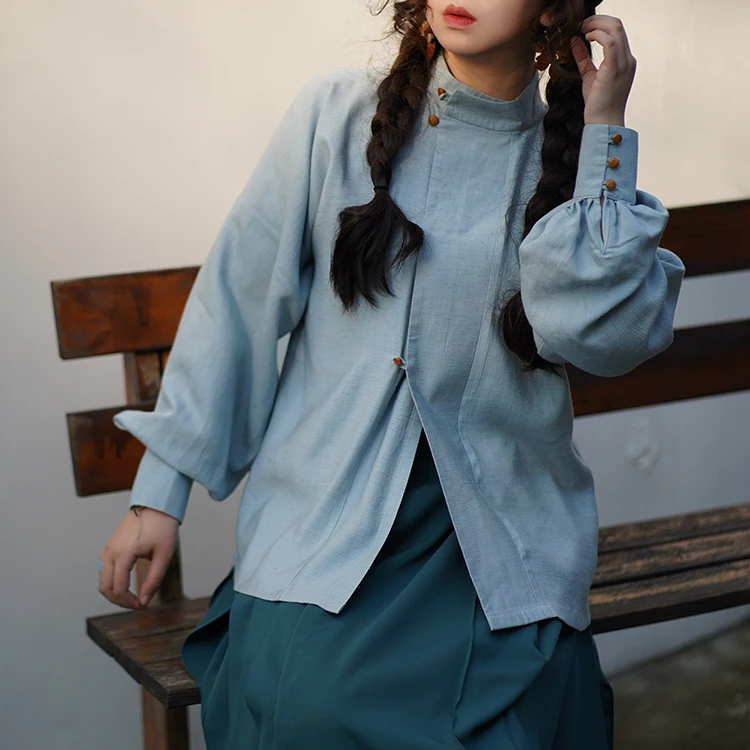 

Эксклюзивная одежда Qii: свободная блузка с длинным рукавом в стиле Ханьфу из полиэфирного волокна для повседневной носки