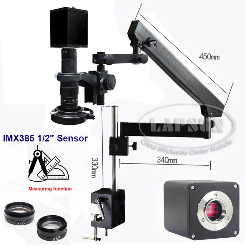 Lapsun 1080P 60FPS IMX385 V2 HDMI WDR Industry C-Mount Camera + Measurement + Microscope Articulating Stand Clamp 0.75X Aux Lens