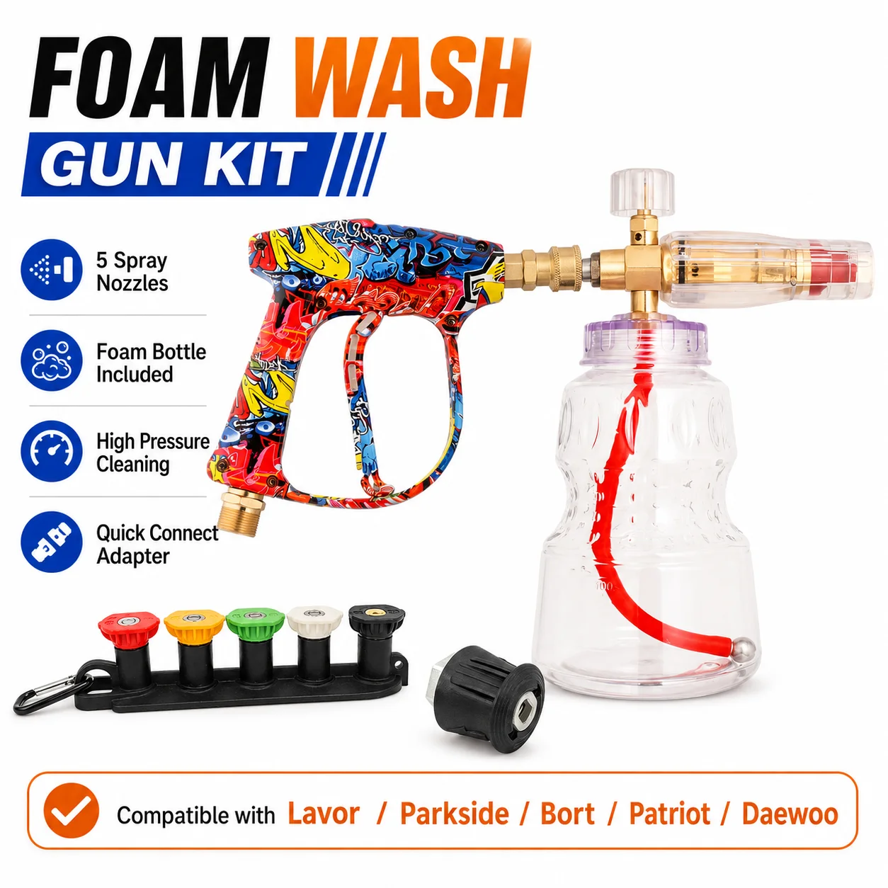 PA Snow Foam Cannon Car Wash Sprayer with 1L Transparent Bottle, Compatible with Lavor Parkside Bort Patriot Daewoo Pressure