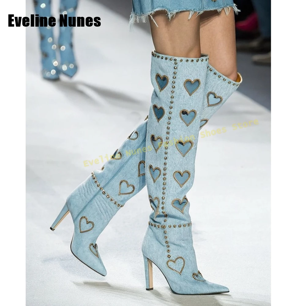 Blue Denim Heart-Shaped Rivet Fashion Boots Pointed Toe Stiletto Zipper Closure Women Catwalk Knee High Boots 2025 Street Style