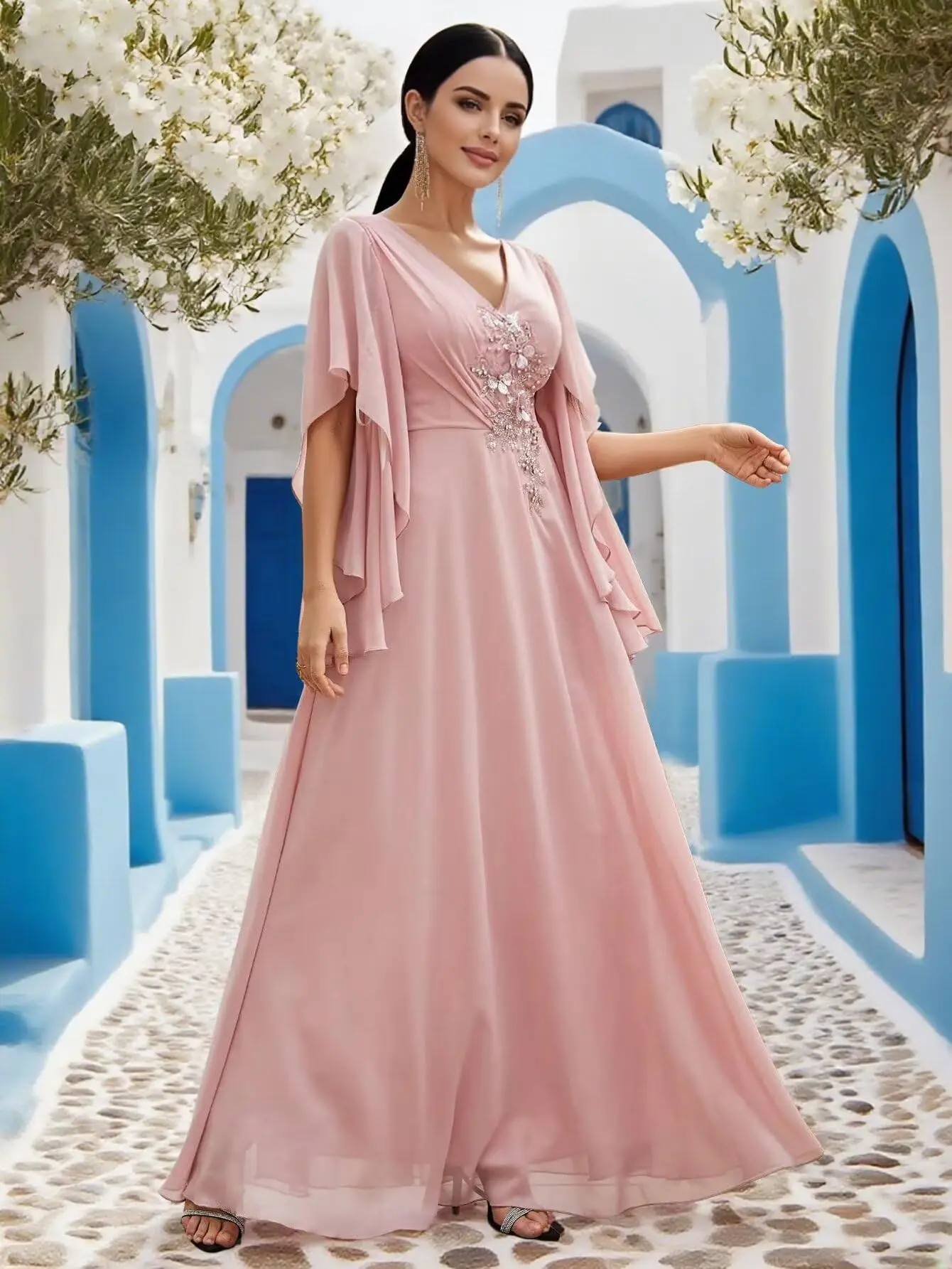 فساتين أم العروس من الشيفون المطرز بأكمام طويلة مكشكشة لحفلات الزفاف، فساتين سهرة أنيقة من الدانتيل للنساء رسمية