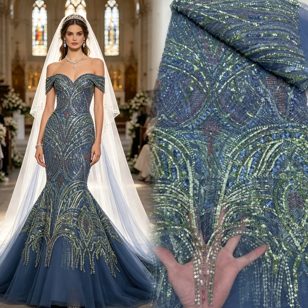 

African Nigerian High-Quality Sequins Tulle Lace Fabric for Prom Dresses Beads Embroidery Sewing Net Cloth 5Yard 2026