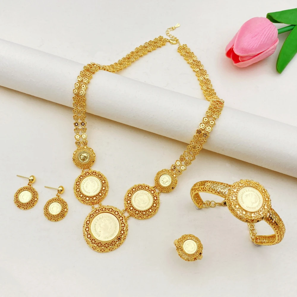 Flora Classics Gold Plated Copper Women's Jewelry Set Head Coin Pattern Earrings Necklace Ring Bracelet for Party