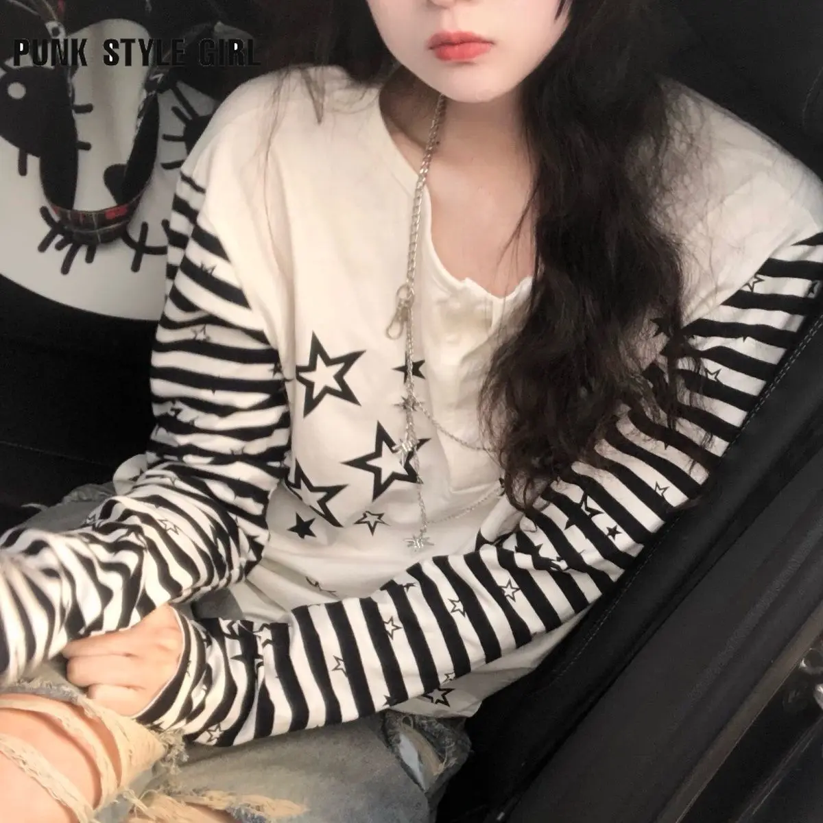 90s Striped Star Print Cartoon Harajuku Kawaii Women's Tshirts Japanese Style Long Sleeve Autumn Casual Aesthetic Y2k Tee Shirts