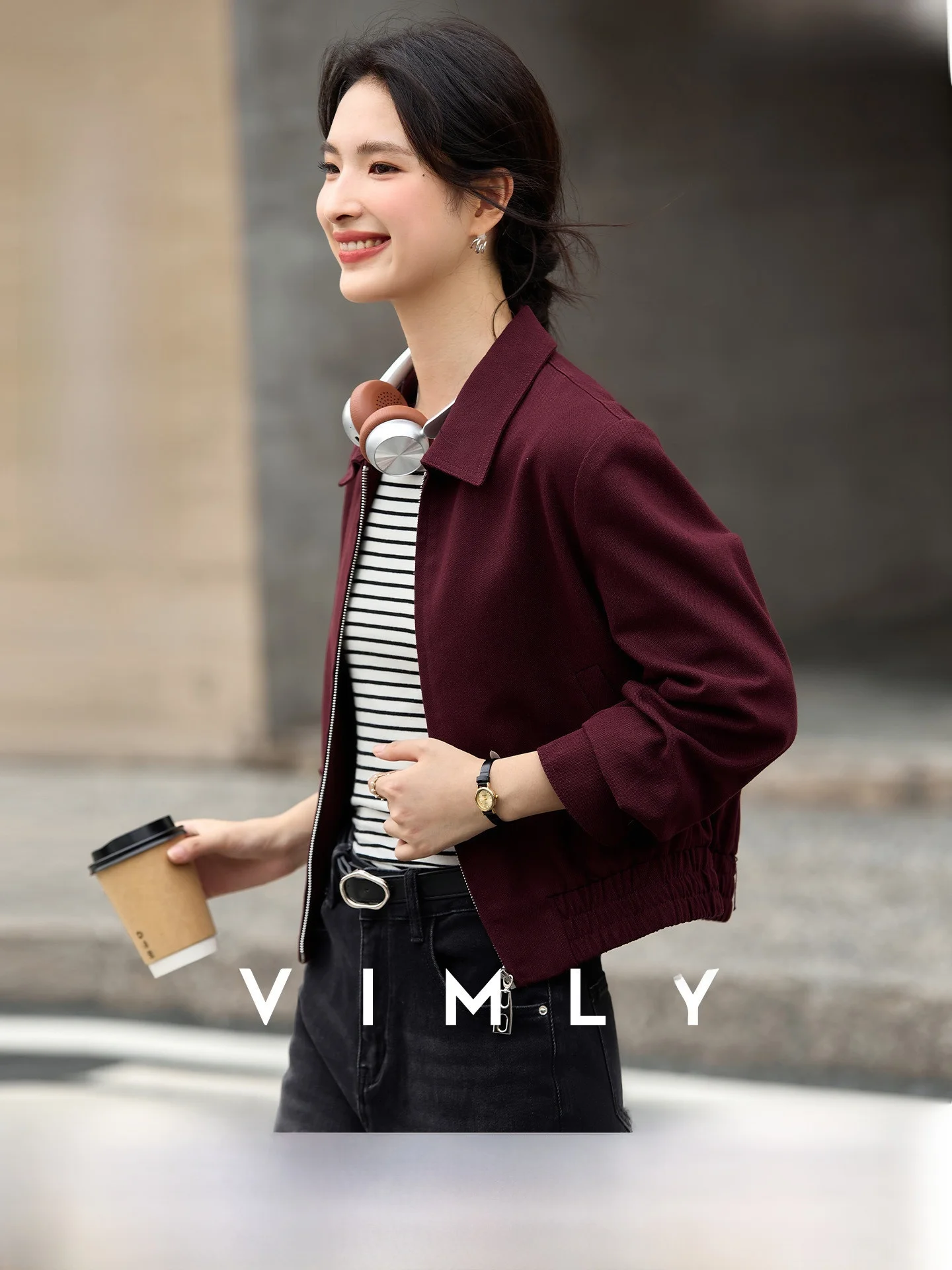 

Fashionable Short Red Stand Collar Jacket Women's Sporty Cotton Linen Blend Zipper Top Casual Style Pure Color Streetwear