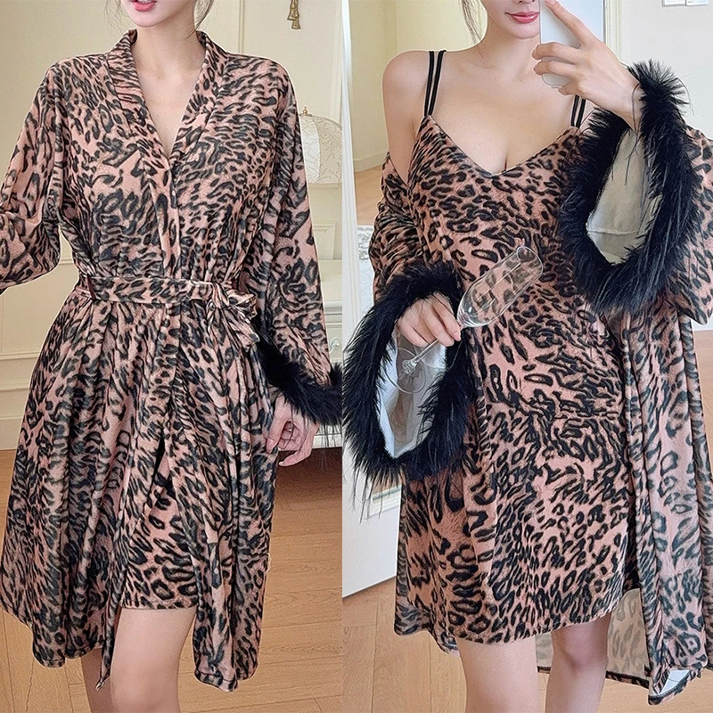 

Сексуальный комплект халатов с леопардовой отделкой и перьями, женская велюровая одежда для сна, 2 шт., кимоно, короткая велюровая домашняя одежда, пижамный комплект для сна