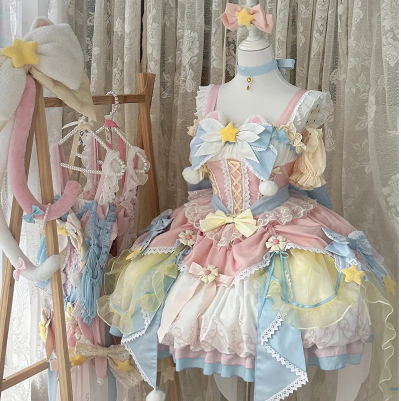 

Sweet Pink Blue JSK Wedding lolita Dress Birthday Party Princess Dresses Women Chic Bead Bow Ruffle Edge Big Swing Cake Dress