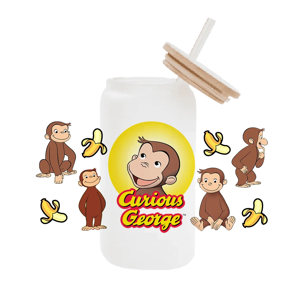 Cartoon monkey Curious George  For Libbey 16oz Can Glass 3D Waterproof UV DTF Coffee Can Wrap Libbey Glass Wrap