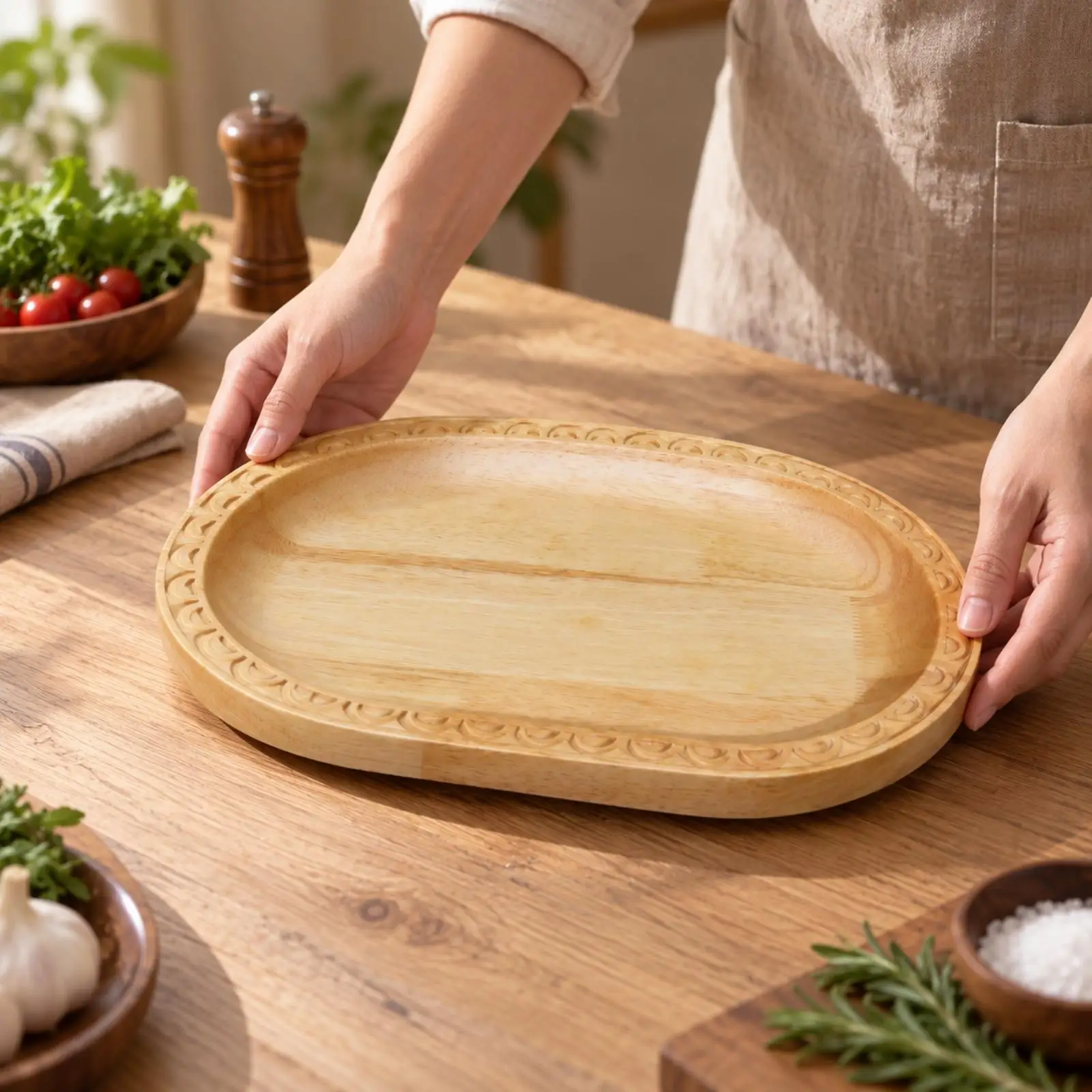 Organic Wood Serving Platter for Roasted Meat with Visible Grain and Raised Sides for Family Dining and Party Use
