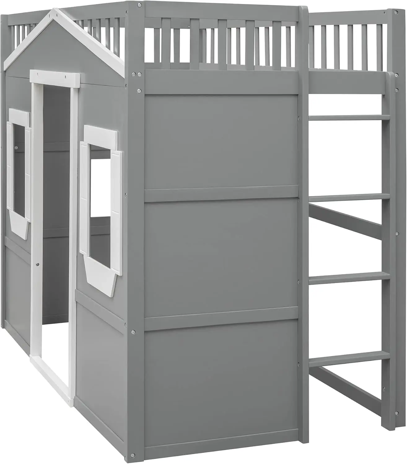 Lit Loft en bois de taille double, cadre de lit de maison avec échelle et garde-corps de sécurité pour enfants, pas besoin de ressort sommier, gris et blanc