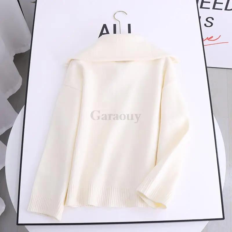 Garaouy 2022 New Women Clothing POLO Collar Zipper Casual Sweater Solid Color Large lapel Hem Rib Decoration Knitted Pullover