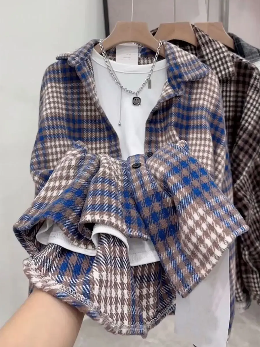 

Hong Kong Retro Sanding Plaid Shirt Female 2023 New Fashion Loose Joker Long Casual Coat Female Tide