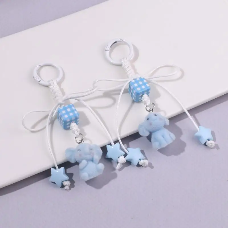 Cute Light Blue Flocked Elephant Keychain Cartoon Bow Animal Keyring Bag Pendant Key Holder Best Friend Gifts