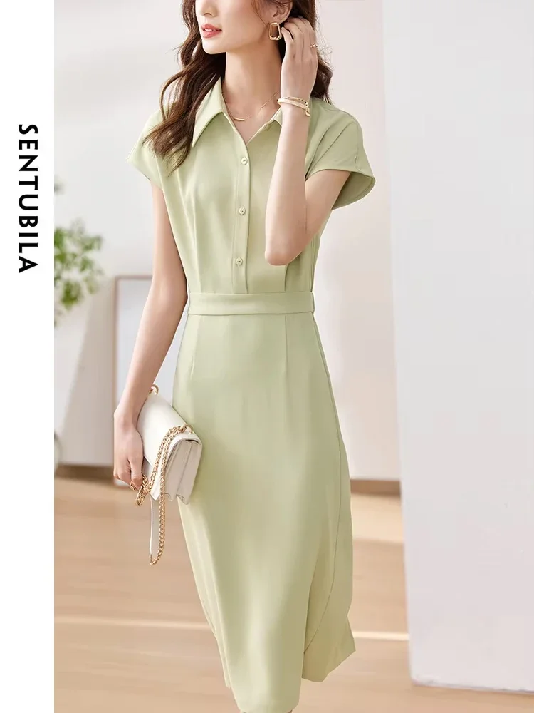 

SENTUBILA Summer Shirt Dresses for Women 2024 Elegant Simple Short Drop Sleeve Elastic Waist Back Split Midi Dresses 132L48076