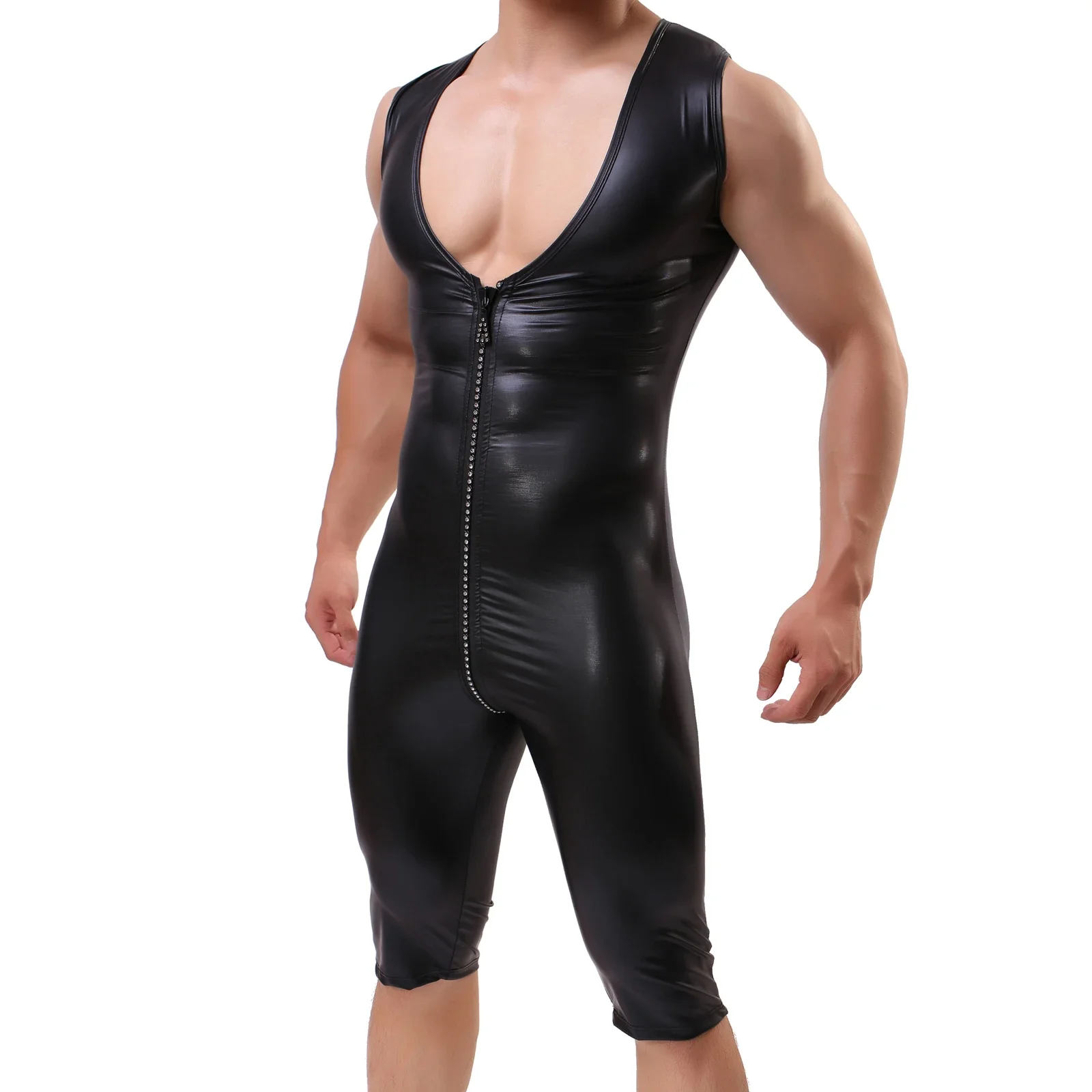 

Sexy Men Wrestling Singlet Leather Bodysuits Sleeveless Zipper Open Crotch Boxers Leotard Jumpsuit Undershirt Pole Dance Costume