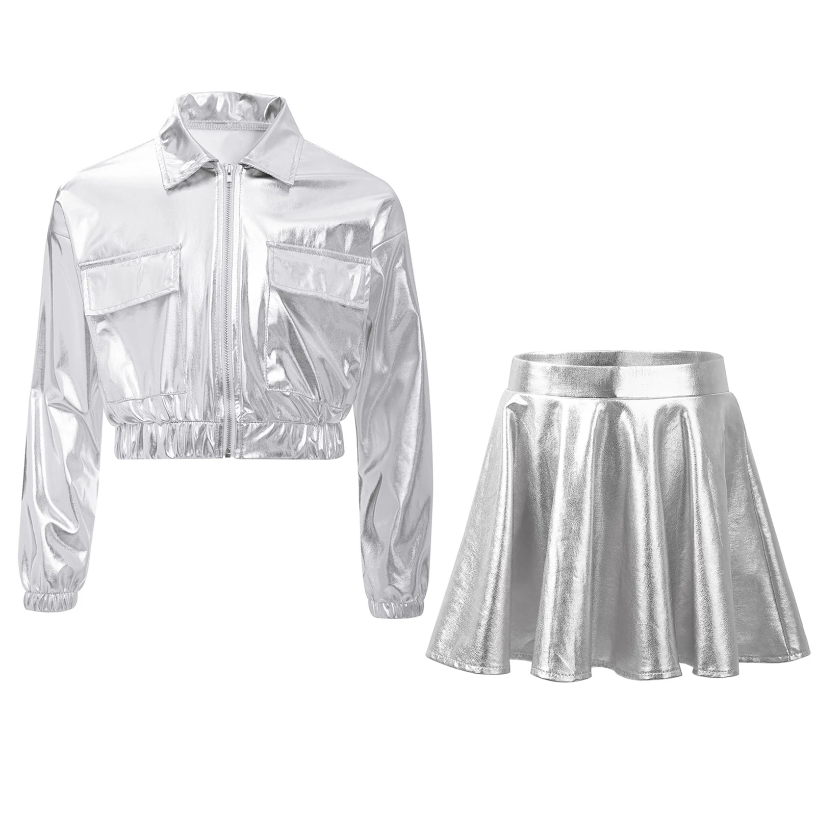Girls Metallic Shiny Hip Hop Jazz Dance Costume Long Sleeve Zipper Jacket with Culottes Cheerleading Outfit for School Party