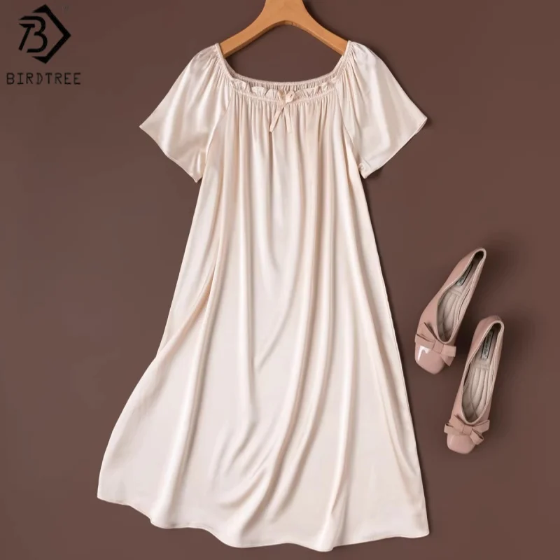 

Birdtree, 21MM 92% Silk 8% Spandex Sleep Nightgown, Women Plain Satin Short Sleeve Pajama Homewear Dresses, 2026 New D63225JF
