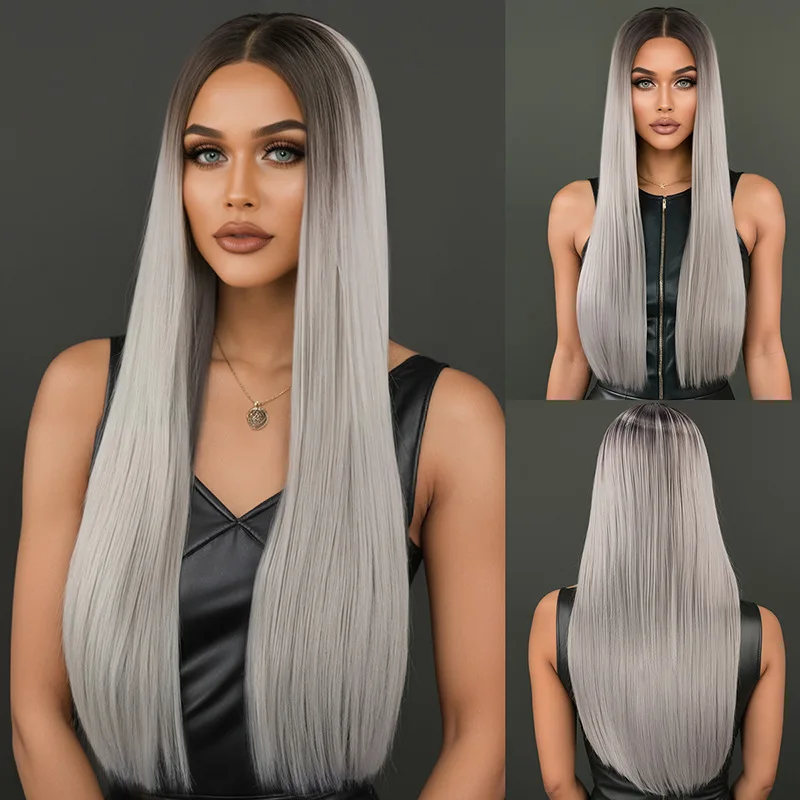 Long straight hair with no bangs, brown silver, natural fashion, cross-border European and American wig-Synthetic fiber wig