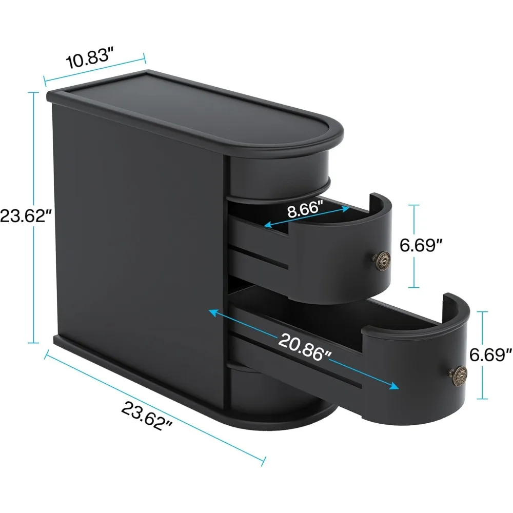 Mesa auxiliar delgada de madera maciza con 2 cajones y espacio para silla, sin necesidad de montaje, acabado negro