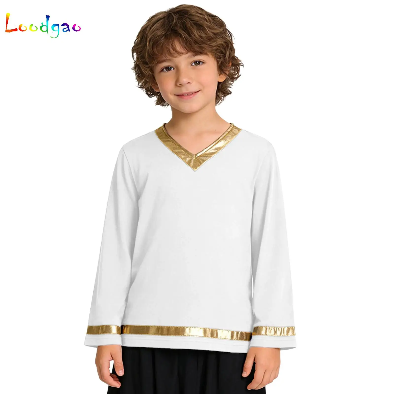 

Kids Boys Metallic Liturgical Praise Dance Top Color Block Robe Pullover Tunic Shirt Girls Worship Choir Liturgical Praisewear
