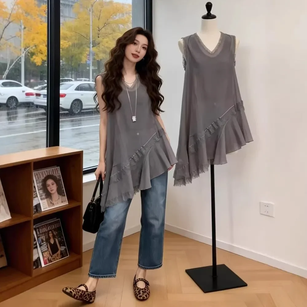 Gray V Neck Sleeveless Blouse with Ruffle Hem Loose Boho Top for Women Summer Casual Lightweight Chiffon Blouse