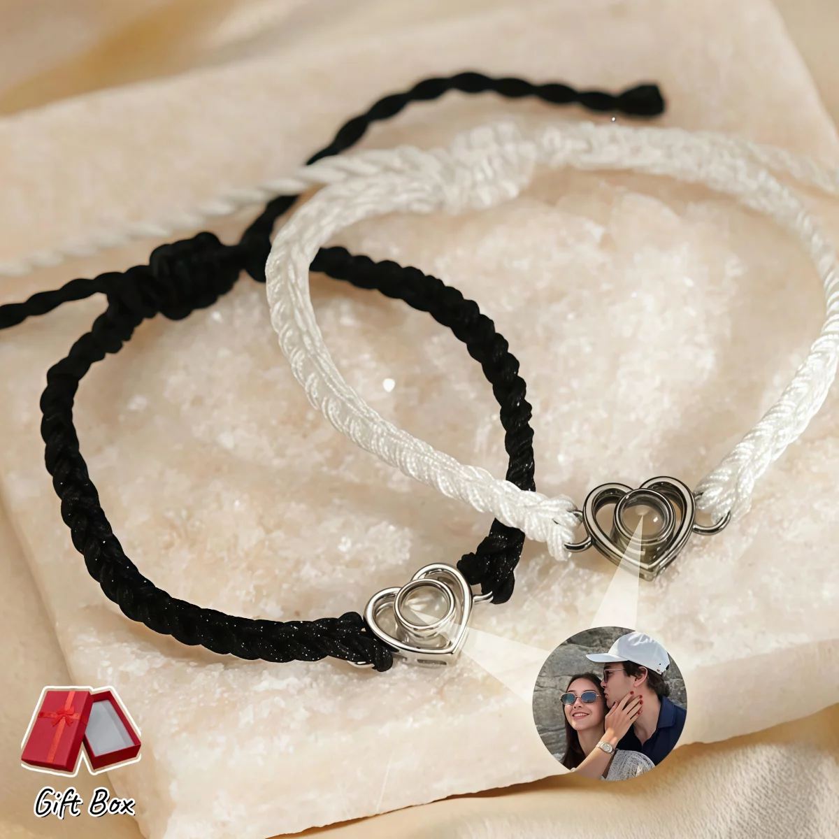 Custom Heart Photo Projection Couple Bracelets Personalized Picture Braided Rope Bracelet Anniversary Gift For Lover
