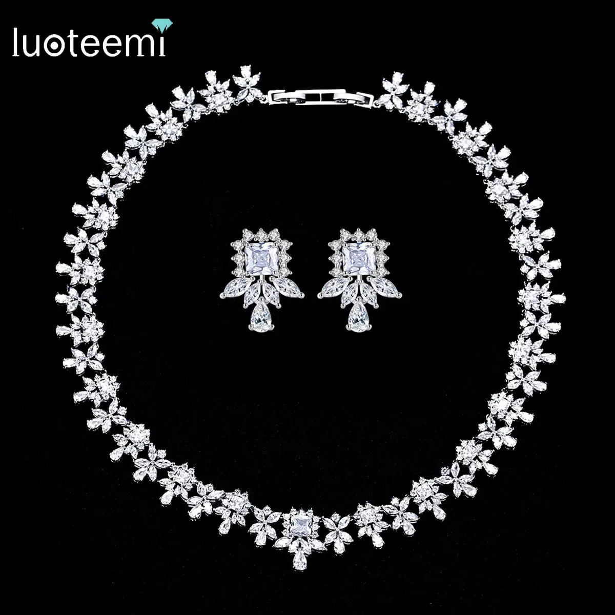 

LUOTEEMI Royal Queen Bridal Jewelry Sets for Women Luxury Necklace Earrings Wedding Dress Bride Jewelry Set Engagement Gifts
