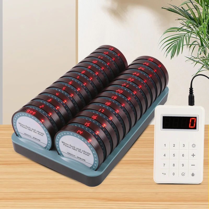 Wireless Restaurant Pager System 26 Coasters with Keypad 500 Meters Waterproof Vibrate Flash Ring for Food Truck Cafe Shop Bar