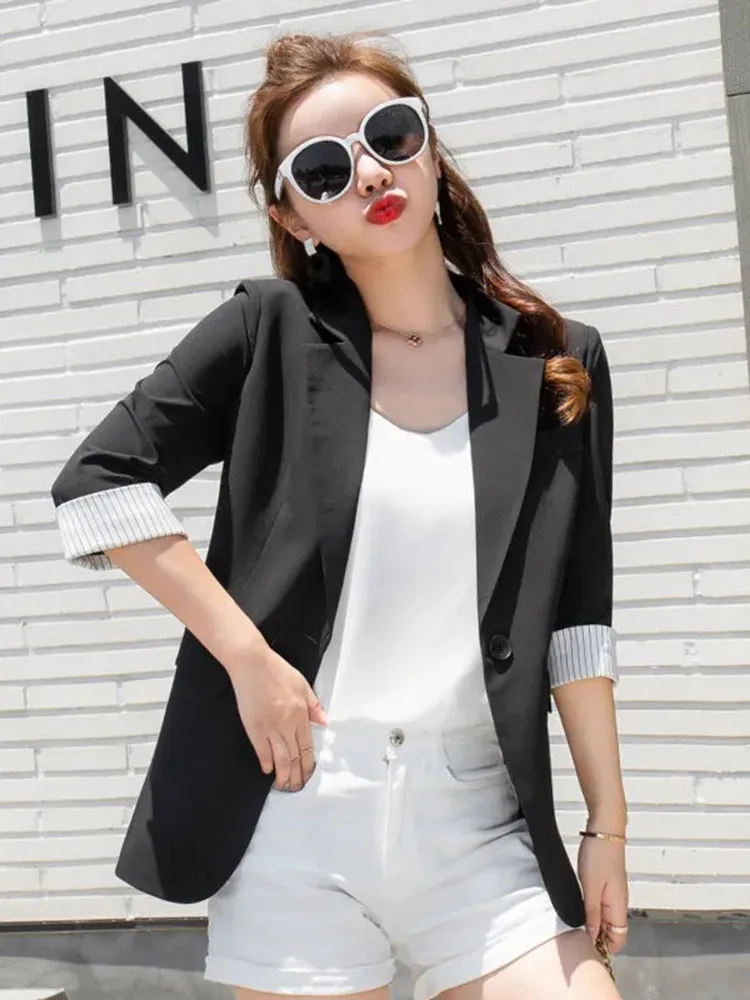 Senhoras blazers azul cor sólida fino três quartos mangas verão blazer fino feminino terno casacos feminino casual branco preto jaqueta