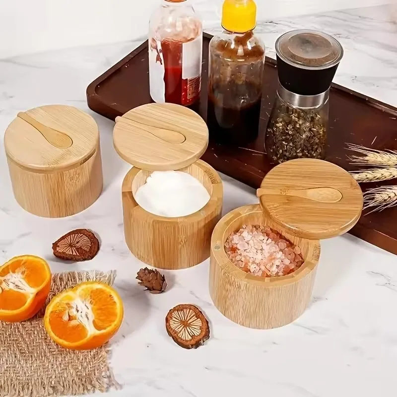 

Bamboo Salt and Pepper Set with Magnetic Lids & Spoons - Round Stackable Containers for Seasoning Storage | Ideal for Kitchen